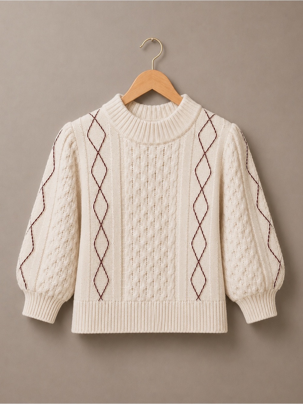 Rails Cream Cable Knit Sweater Burgundy Diamond Stitch Puff Sleeve Knit Top S - Picture 1 of 11